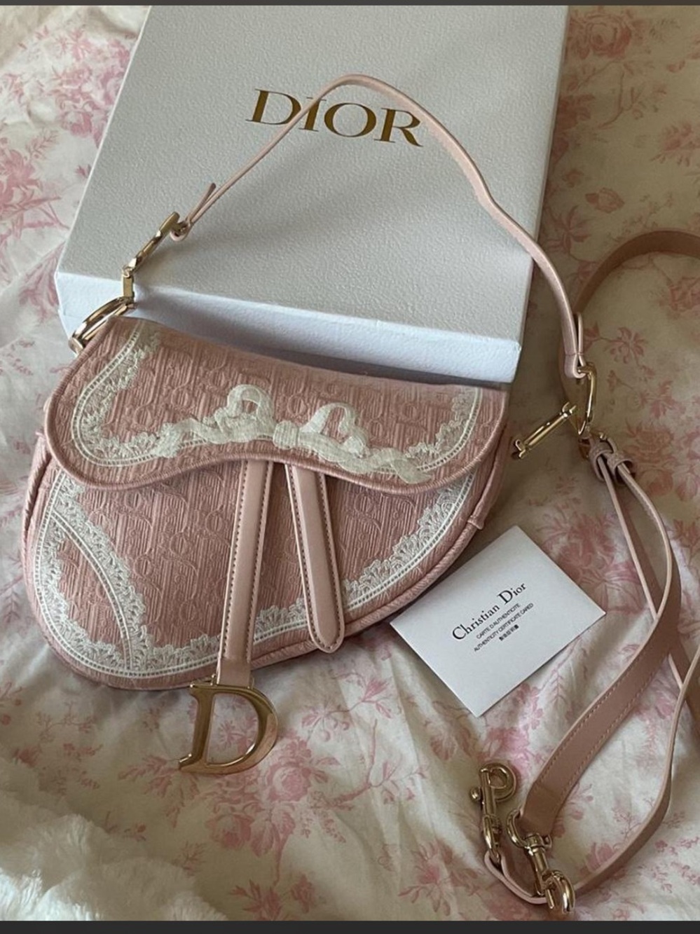Blush Pink Saddle Bag with Lace Embroidery
